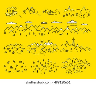 Map mountains. Set graphic elements yellow black contour