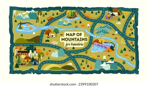 Map of mountains for travelers. Travel and trip, tourism. Landscape and terrain. Forest, bridge across river and small town or village. Great journey and adventure. Cartoon flat vector illustration