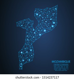 A map of Mozambique consisting of 3D triangles, lines, points, and connections. Vector illustration of the EPS 10.