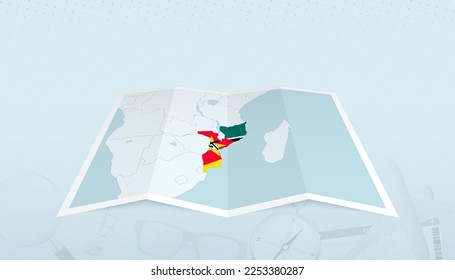 Mapa de Mozambique con la bandera de Mozambique en el contorno del mapa en un contexto abstracto de viaje. Ilustración de viaje.