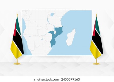 Map of Mozambique and flags of Mozambique on flag stand. Vector illustration for diplomacy meeting.