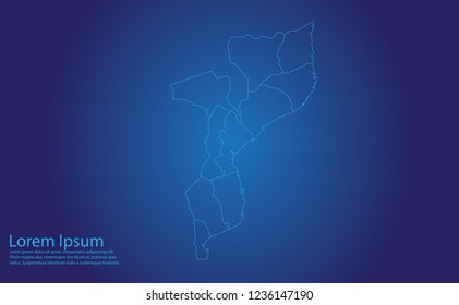 Map of mozambique- With glowing point and lines scales on the dark gradient background.french Polynesia map with country borders, thin Blue outline on Dark background.