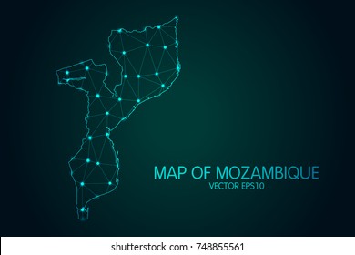 Map of Mozambique - With glowing point and lines scales on the dark gradient background, 3D mesh polygonal network connections.Vector illustration eps 10.