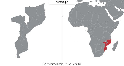 map of Mozambique and location on Africa map. Vector illustration