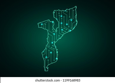 Map of Mozambique, network line, design sphere, dot and structure on dark background with Map Mozambique, Circuit board. Vector illustration. Eps 10