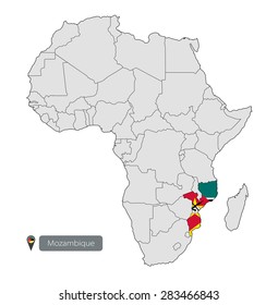 Map of Mozambique with an official flag. Location on the continent of Africa