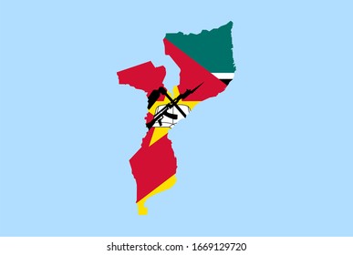Map of Mozambique on a blue background, Flag of Mozambique on it.
