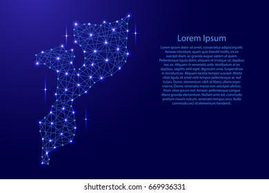 Map of Mozambique from polygonal blue lines and glowing stars vector illustration