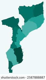 Map of Mozambique with regions. Just a simple country border map with region division. Teal color palette. Blank Mozambique shape with administrative division. Vector illustration.