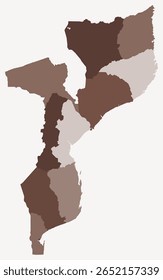 Map of Mozambique with regions. Just a simple country border map with region division. Brown color palette. Blank Mozambique shape with administrative division. Vector illustration.