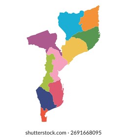 Mapa de las regiones de Mozambique en multicolor
