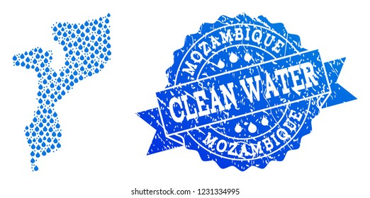 Map of Mozambique vector mosaic and clean water grunge stamp. Map of Mozambique composed with blue water dews. Seal with unclean rubber texture for clean drinking water.