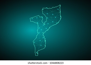 Map of Mozambique. Wire frame 3D mesh polygonal network line, design sphere, dot and structure. communications map of Mozambique. Vector Illustration EPS10.