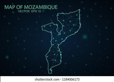 Map Mozambique. Wire Frame 3D mesh polygonal network line, design sphere,Mozambique map on dark background. Vector illustration eps 10.