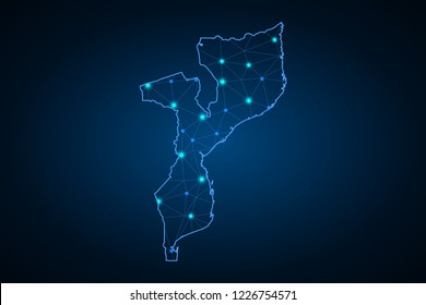 Map of Mozambique. Wire frame 3D mesh polygonal network line, design sphere, dot and structure. communications map of Mozambique. Vector Illustration EPS10.