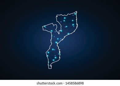 Map of Mozambique. Wire frame 3D mesh polygonal network line, design sphere, dot and structure. communications map of Mozambique. Vector Illustration EPS10.