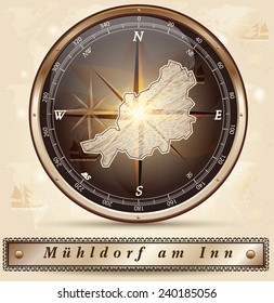 Map of Muehldorf with borders in bronze