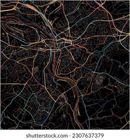 Map of MulheimanderRuhr, North Rhine-Westphalia with all major and minor roads, railways and waterways. Colorful line art on black background.