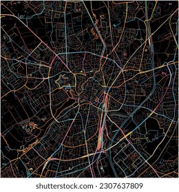 Map of Munster, North Rhine-Westphalia with all major and minor roads, railways and waterways. Colorful line art on black background.