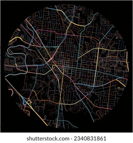 Map of Murfreesboro, Tennessee with all major and minor roads, railways and waterways. Colorful line art on black background.