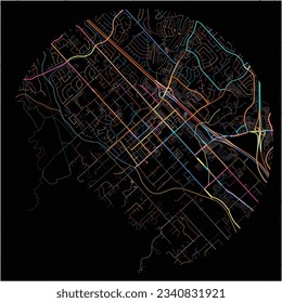 Map of Murrieta, California with all major and minor roads, railways and waterways. Colorful line art on black background.