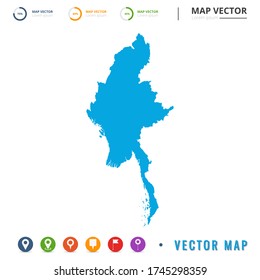 Map of Myanmar blue and set pin icon.