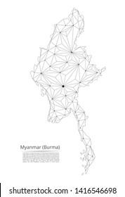 Map of Myanmar (Burma) connection. Vector low-poly image of a global map with lights in the form of cities or population density, consisting of points and shapes and space.Easy to edit