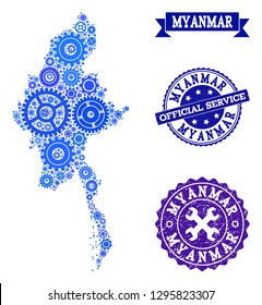 Map of Myanmar designed with blue gear symbols, and isolated scratched watermarks for official repair services. Vector abstract mosaic of map of Myanmar with machinery symbols in blue shades.