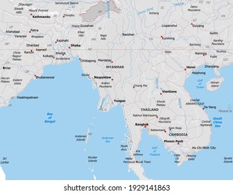 Map of Myanmar. Map is drawn in high detail and for clarity shows only major cities. Country is drawn with neighboring countries.