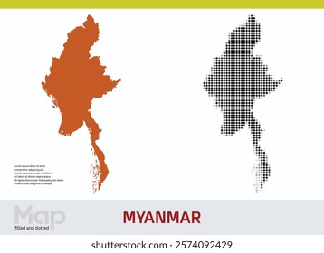 A map of Myanmar in dual designs, featuring brown-filled details and black abstract dotted patterns, isolated on a white background
