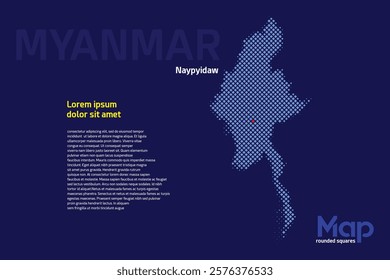 Map of Myanmar featuring rounded squares with light blue color. The name of the capital marked with a red square. Isolated on a dark blue background. Perfect for various design projects
