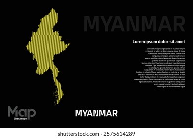 Map of Myanmar featuring yellow geographic lines, isolated on a black background. Perfect for various design projects.