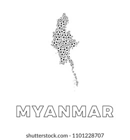 map of myanmar filled with soccer balls of different sizes and name of country on white background