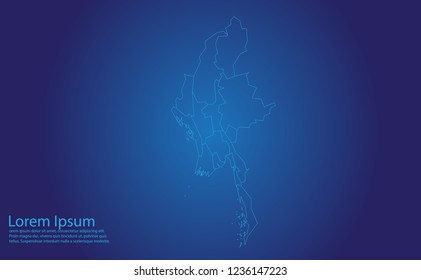 Map of myanmar- With glowing point and lines scales on the dark gradient background.french Polynesia map with country borders, thin Blue outline on Dark background.
