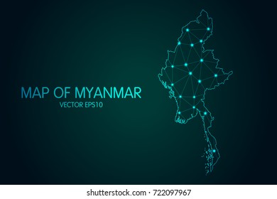 Map of Myanmar - With glowing point and lines scales on the dark gradient background, 3D mesh polygonal network connections.Vector illustration eps 10.