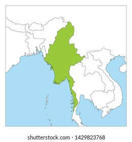 Map of Myanmar green highlighted with neighbor countries.