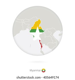 Map of Myanmar and national flag in a circle. Myanmar map contour with flag. Vector Illustration.