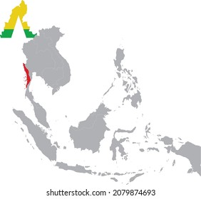 Mapa de Myanmar con bandera nacional dentro del mapa gris de la región sudeste de Asia