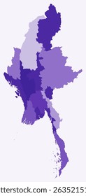 Map of Myanmar with regions. Just a simple country border map with region division. Deep purple color palette. Flat Republic of the Union of Myanmar shape with administrative division.