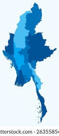 Map of Myanmar with regions. Just a simple country border map with region division. Light blue color palette. Flat Republic of the Union of Myanmar shape with administrative division.