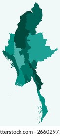 Map of Myanmar with regions. Just a simple country border map with region division. Teal color palette. Blank Republic of the Union of Myanmar shape with administrative division. Vector illustration.