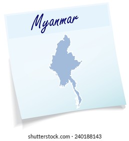 Map of myanmar as sticky note in blue