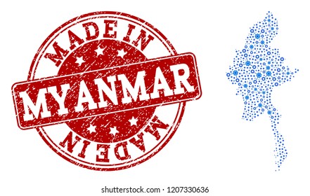 Map of Myanmar vector mosaic and Made In grunge stamp. Map of Myanmar formed with blue cog links. Made in red seal with scratched rubber texture.