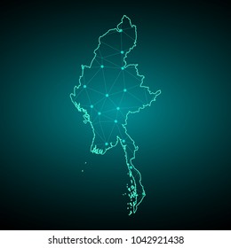 Map of Myanmar. Wire frame 3D mesh polygonal network line, design sphere, dot and structure. communications map of Myanmar. Vector Illustration EPS10.