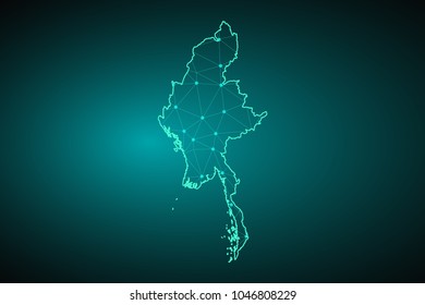 Map of Myanmar. Wire frame 3D mesh polygonal network line, design sphere, dot and structure. communications map of Myanmar. Vector Illustration EPS10.
