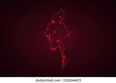 Map of Myanmar. Wire frame 3D mesh polygonal network line, design sphere, dot and structure. communications map of Myanmar. Vector Illustration EPS10. - Vector
