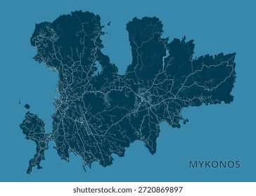 mapa da Ilha de Mykonos, Grécia, situado contra um fundo azul-petróleo. A forma da ilha é claramente definida, com uma rede de linhas brancas representando as estradas e ruas.