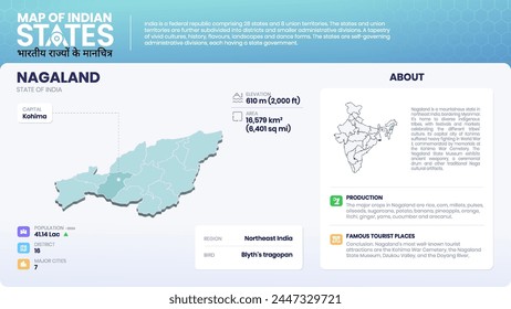 Map of Nagaland (India) Showcasing District, Major Cities, Population Data, and Key Geographical Features-Vector Infographic Design