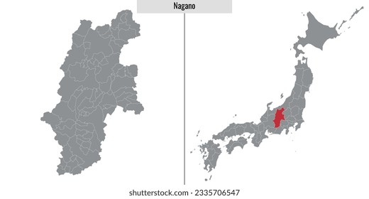 mapa de la prefectura de Nagano en Japón y ubicación en el mapa japonés