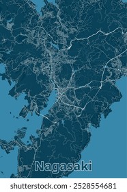 Map of Nagasaki, Japan, rendered in a minimalist style. The map features a deep blue color scheme, with white lines representing roads and waterways.